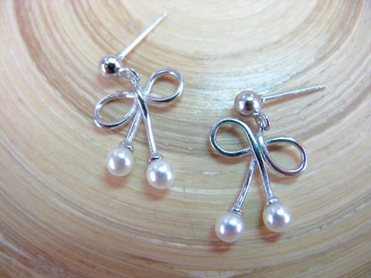 Ribbon Bow Pearl Dangle 925 Sterling Silver Earrings